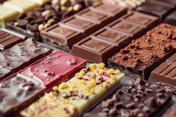 Aufkleber - Close up view of a variety of chocolate bars in different flavors and types, neatly arranged with rich colors and high detail. Generative AI
