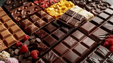 Aufkleber - A wide array of chocolate bars in various flavors and types neatly displayed on a table. Generative AI