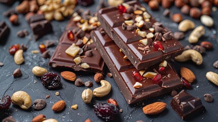 Aufkleber - Detailed close up of a chocolate bar studded with nuts and cranberries, showcasing rich textures and natural ingredients. Generative AI