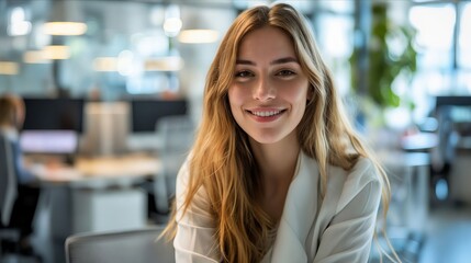 Poster - A smiling woman in an office.