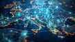 © T - Digital map of Europe with glowing connections between cities, symbolizing global connectivity and digital transformation. The deep blue background conveys depth and wisdom. A closeup view highlights