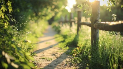 Inviting nature trail highlighted by side light, with soft focus to emphasize the stunning scenery, epitomizing the essence of a scenic tour or vacation trip.