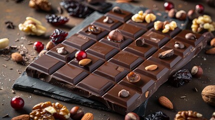 Aufkleber - Detailed close up of a chocolate bar filled with assorted nuts and dried fruits. Generative AI