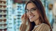 © VISUAL BACKGROUND - A woman in glasses is smiling in front of a store.