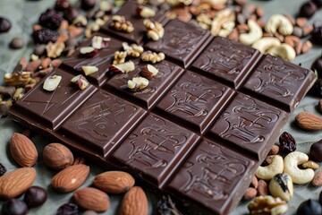 Aufkleber - Detailed view of a chocolate bar surrounded by assorted nuts and dried fruits, creating a rich and appetizing composition. Generative AI