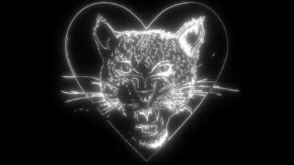 Poster - white silhouette of Leopard head on heart on black background.