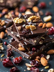 Aufkleber - A stack of chocolate bars adorned with nuts and cranberries, showcasing rich textures and a delectable combination. Generative AI