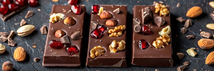 Aufkleber - Three pieces of chocolate bars topped with nuts and cranberries, showcasing rich textures and natural ingredients. Generative AI