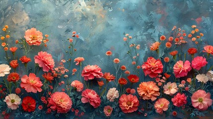 Wall Mural - A watercolor vintage botanical print showcasing a cluster of assorted flowers such as carnations, asters, and chrysanthemums, with a faded, antique look. List of Art Media Photograph inspired by