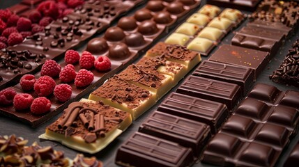 Aufkleber - A selection of various chocolate bars accompanied by fresh raspberries on a display. Generative AI