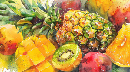Wall Mural - A painting of a fruit bowl with a pineapple, kiwi, and oranges