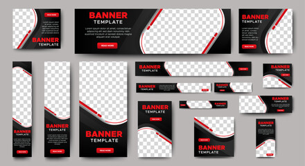 Fototapete - set of creative web banners of standard size with a place for photos. Gradient black. Business ad banner. Vertical, horizontal and square template.	
