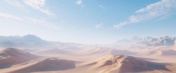 Poster - Realistic shot of a vast desert landscape with towering sand dunes stretching as far as the eye can see under clear blue skies