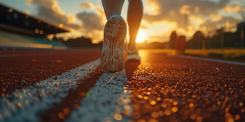 Close-up of runner's shoes on track at sunset, with stadium lights in the background. Captured from behind, focusing on the feet and athletic gear of a sprinter racing towards victory. The vibrant col