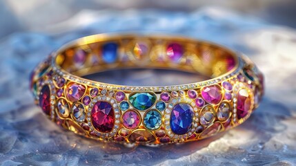 Elegant gold bracelet adorned with colorful gemstones, exuding luxury and sophistication. Perfect accessory for special occasions.