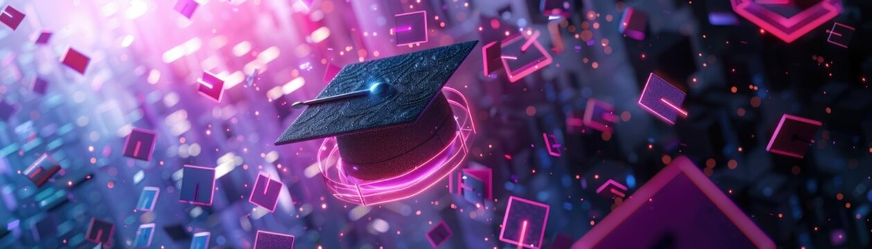 Futuristic graduation cap floating among neon digital elements, symbolizing technology-driven education and modern academic achievements.