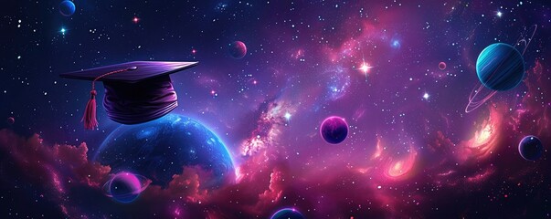 Imaginative space-themed artwork featuring a graduation cap, planets, stars, and cosmic clouds, blending education and the universe.