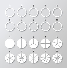 Wall Mural - White circle graph with segments structure chart. Set of circular segments template. Pie diagram collection. Schemes with sectors. Piechart with section and slices. Vector illustration