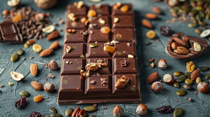 Aufkleber - Rich chocolate bar adorned with crunchy nuts and dried fruits resting on a wooden table. Generative AI