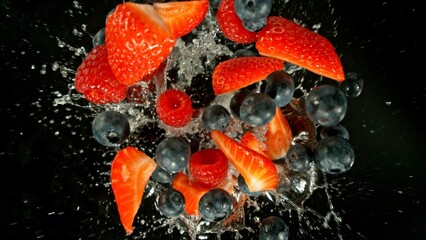 Wall Mural - Freeze Motion of Flying Berries Mix into Water, Black Background.