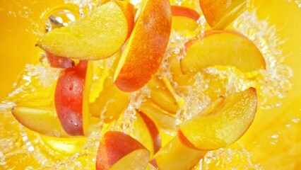 Wall Mural - Freeze Motion of Flying Peaches Slices into Water, Colored Background.