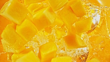 Poster - Freeze Motion of Flying Mango Slices into Water, Colored Background.