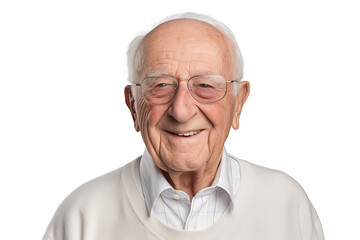 Wall Mural - Smiling senior white man on white background. Topics related to old age. American. French. Retirement home. Retirement. Image for Graphic Designer. Senior residence. AI.