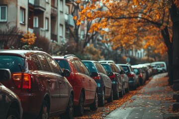 Wall Mural - Parked Cars in Rows on Residential Street in Urban City Setting