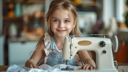 Wall Mural - Pretty child sits at a modern sewing machine and smiles. Generative AI.