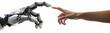 © T - Panoramic view of a robot hand reaching out to touch the fingertip of an African American human arm against a white background. Isolated hands highlight the connection between technology and humanity.