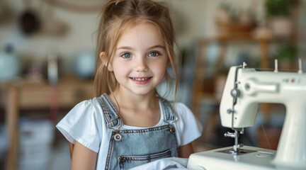 Wall Mural - Pretty child sits at a modern sewing machine and smiles. Generative AI.