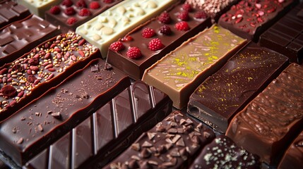 Aufkleber - Diverse selection of rich chocolate bars topped with fresh raspberries and various toppings. Generative AI