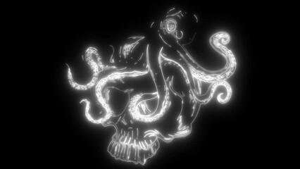 Sticker - white silhouette of octopus on human skull on black background