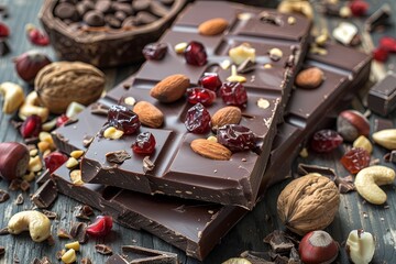 Wall Mural - Detailed close up of a chocolate bar featuring nuts and cranberries for a natural and appetizing look. Generative AI