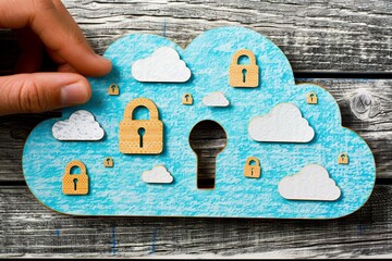 Wall Mural - Wooden Cloud with Security Lock on Digital Background