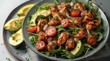 Wall Mural - Honey Mustard Chicken Salad, On a blue-green platter, a bed of vibrant green salad mix is studded with juicy red cherry tomato halves and red onion, Creamy avocado, chunks of tender. Generative AI.
