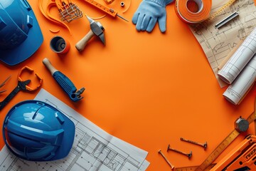 tools and yellow construction helmet on a white background with copy space