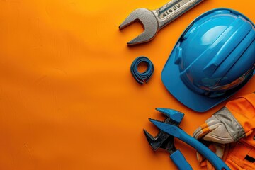 tools and yellow construction helmet on a white background with copy space