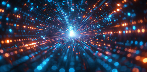3D rendering of digital data and information flow background with blue glowing light rays in dark space. 