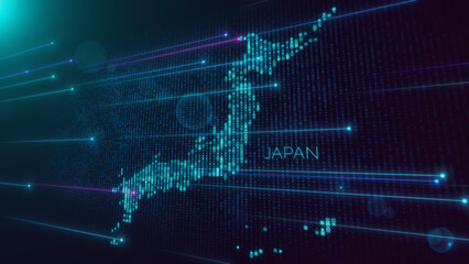 Wall Mural - abstract futuristic blue violet shiny perspective square hud particles mosaic grid and text of japan