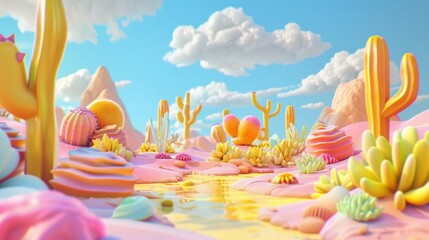 Wall Mural - Clay motion style desert background, style 3D, sugar cactus, candy, fantasy.