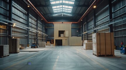 Poster - A warehouse with a steel structure and metal suspended ceilings, the interior design of an industrial building. Generative AI.