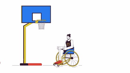 Poster - Disabled caucasian man throwing ball line 2D character animation. Sport with disability flat color cartoon 4K video, alpha channel. Wheelchaired basketball player animated person on white background