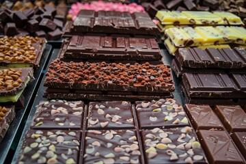 Aufkleber - A display case showcasing a wide variety of chocolate bars in different flavors and types, with rich colors and high detail. Generative AI