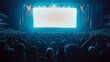 © visoot - A large public viewing screen shining brightly. In the foreground, hundreds of people are in the shadows, celebrating. the jubilation. Generative AI.