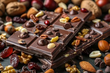 Aufkleber - A detailed close-up of a chocolate bar filled with nuts, showcasing rich textures and natural ingredients. Generative AI