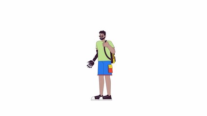 Poster - African american guy waving prosthetic hand line 2D character animation. Disability in life flat color cartoon 4K video, alpha channel. Black male with prosthesis animated person on white background