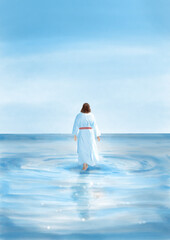 Jesus in a flowing white dress walking on the water of the sea as Christian art by digital painting.