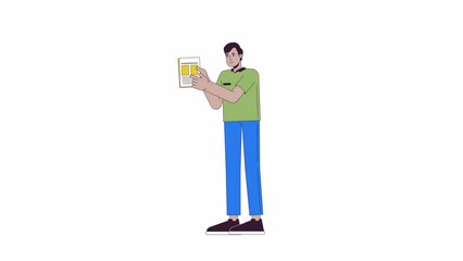 Poster - Indian man showing newspaper line 2D character animation. Important information flat color cartoon 4K video, alpha channel. Hindu male with documents animated person on white background