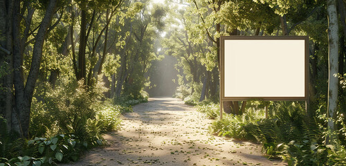 Minimalist forest path with a blank billboard, 3D rendered, perfect for nature-themed ads, featuring a light border.